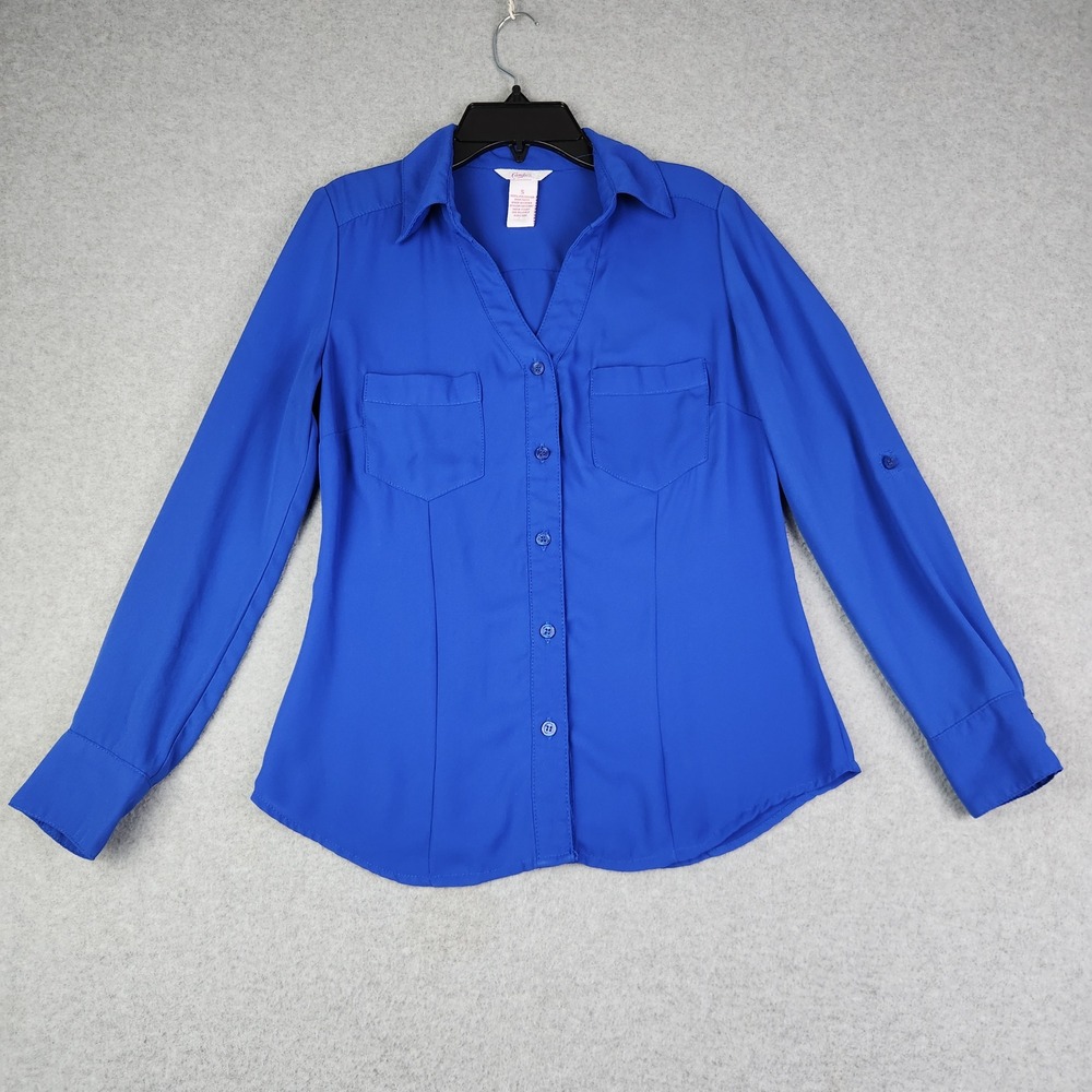 Candies Blouse Womens Small Blue Button Down Roll Tab Sleeve Utility‎ C3651TRAJ